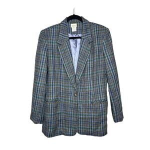 Vintage Neiman Marcus 100% Wool Womens Blue Plaid Blazer Dark Academia Preppy 12